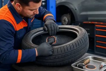 Mecânico consertando pneu em uma borracharia em Jequié.
