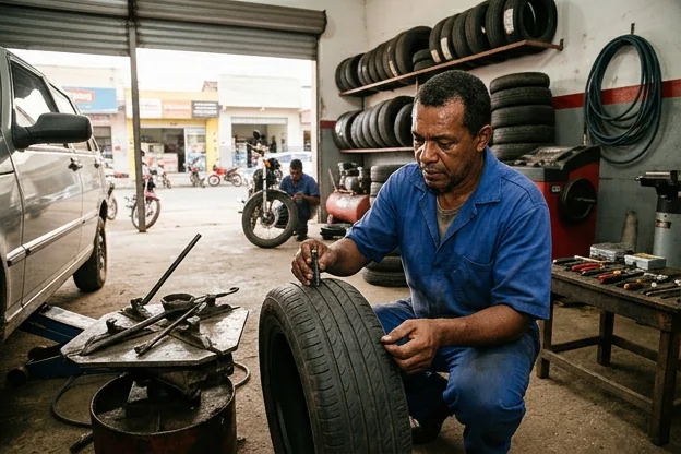 Mecânico realizando manutenção em pneus em borracharia em Jequié.